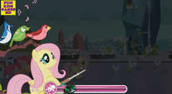 Size: 1041x568 | Tagged: safe, imported from derpibooru, screencap, fluttershy, pegasus, pony, baton, game, harmony quest, my little pony: harmony quest, smiling, songbird