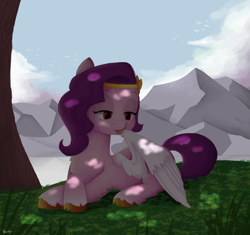 Size: 1700x1600 | Tagged: safe, artist:biocrine, imported from derpibooru, pipp petals, pegasus, pony, adorapipp, chest fluff, cute, female, g5, grass, grooming, lying down, mare, mountain, mountain range, pipp, preening, prone, signature, sky, solo, tongue out, tree, unshorn fetlocks, wings