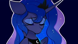 Size: 3000x1687 | Tagged: safe, artist:vensual99, imported from derpibooru, princess luna, alicorn, pony, blue background, bust, chest fluff, ear fluff, eyes closed, female, floppy ears, mare, portrait, sad, simple background, solo