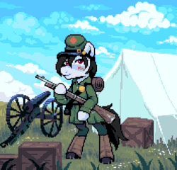 Size: 875x840 | Tagged: safe, artist:hikkage, imported from derpibooru, oc, oc:commissar junior, animated, cannon, civil war, cloud, male, pixel art, solo, stallion, war of rights