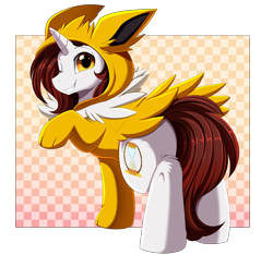 Size: 3680x3448 | Tagged: safe, artist:pridark, imported from derpibooru, imported from ponybooru, oc, oc only, jolteon, pony, unicorn, clothes, commission, cosplay, costume, crossover, cutie mark, eeveelution, golden eyes, high res, hoodie, horn, male, one eye closed, pokémon, raised hoof, raised leg, smiling, solo, video game crossover, white body, wink, yellow eyes