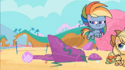 Size: 1918x1080 | Tagged: safe, edit, edited screencap, imported from derpibooru, screencap, applejack, rainbow dash, crab, earth pony, pegasus, pony, my little pony: pony life, spoiler:pony life s02e13, abuse, angry, animated, beach, beach volleyball, dashabuse, deflation, female, flying, freckles, g4.5, magical mare-story tour, mare, ocean, ouch, pony life, pony surfin' safari, potion ocean, smiling, smug smile, sound, tail, tail pull, talking, treehouse logo, volleyball net, webm, wings