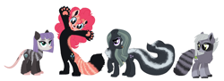 Size: 1781x646 | Tagged: safe, artist:unoriginai, imported from derpibooru, limestone pie, marble pie, maud pie, pinkie pie, hybrid, opossum, opossum pony, pony, raccoon, raccoon pony, red panda, skunk, skunk pony, alternate design, alternate universe, cute, skunkified, species swap