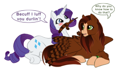 Size: 924x535 | Tagged: safe, artist:demonic-pokeyfruit, imported from derpibooru, rarity, oc, oc:varnish, pegasus, 2016, asking, assisted preening, blushing, canon x oc, female, grooming, lesbian, pegasus oc, preening, simple background, talking with your mouth full, transparent background, wings