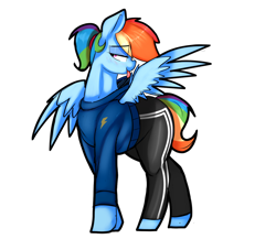 Size: 1414x1226 | Tagged: safe, artist:welost, derpibooru exclusive, imported from derpibooru, rainbow dash, pegasus, pony, alternate hairstyle, clothes, female, females only, grooming, hoodie, mare, pants, ponytail, preening, simple background, sketch, solo, solo female, sweatpants, tongue out, wings