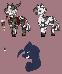 Size: 1717x2048 | Tagged: safe, artist:cantershirecommons, imported from derpibooru, oc, oc only, oc:shauri, pony, zebra, bone, braid, clothes, female, jewelry, mare, necklace, quadrupedal, reference sheet, ring, simple background, skull, solo, tail, tail ring, tribal, zoomorphic