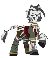 Size: 807x962 | Tagged: safe, artist:redxbacon, imported from derpibooru, oc, oc only, oc:shauri, pony, zebra, bone, braid, clothes, female, mare, neck rings, quadrupedal, raised hoof, simple background, solo, tribal, white background, zoomorphic