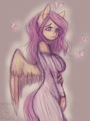 Size: 1324x1792 | Tagged: safe, artist:cheezayballz, imported from derpibooru, fluttershy, anthro, butterfly, pegasus, adorasexy, beautiful, big breasts, breasts, busty fluttershy, clothes, cute, dress, female, rough sketch, sexy, shoulderless, shyabetes, sketch, solo, sparkles, spread wings, wings