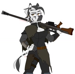 Size: 1173x1161 | Tagged: safe, artist:redxbacon, imported from derpibooru, oc, oc only, oc:shauri, anthro, zebra, anti-materiel rifle, braid, breasts, cleavage, clothes, fallout, fallout: new vegas, female, gun, pgm hecate ii, rifle, simple background, solo, weapon, white background, zebra oc