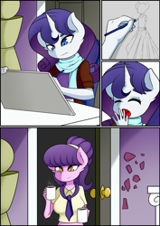 Size: 2971x4200 | Tagged: safe, artist:caoscore, imported from derpibooru, rarity, suri polomare, anthro, comic:luscious pleasure, coffee mug, comic, crystal, drawing, female, lesbian, mug, shipping, surity, yawn