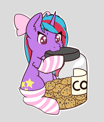 Size: 2145x2505 | Tagged: safe, artist:backgroundpony#f352, imported from derpibooru, oc, oc only, oc:cosmic spark, unicorn, bow, clothes, commission, cookie, cute, female, food, gray background, high res, horn, jar, simple background, socks, striped socks, ych result