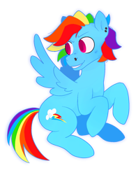 Size: 1211x1552 | Tagged: safe, artist:summersplash, imported from derpibooru, rainbow dash, pegasus, pony, ear piercing, earring, jewelry, nose piercing, piercing, redesign, simple background, smiling, solo, spread wings, transparent background, wings