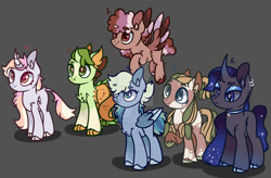 Size: 1600x1047 | Tagged: safe, artist:caramelbolt24, imported from derpibooru, oc, oc only, dracony, dragon, earth pony, hybrid, pegasus, pony, unicorn, base used, deviantart watermark, gray background, interspecies offspring, magical gay spawn, magical lesbian spawn, obtrusive watermark, offspring, parent:big macintosh, parent:derpy hooves, parent:feather bangs, parent:fleur-de-lis, parent:limestone pie, parent:marble pie, parent:nightmare moon, parent:rainbow dash, parent:spike, parent:sugar belle, parent:sunburst, parent:trouble shoes, parents:fleur-derp-lis, parents:limedash, parents:marblemac, parents:nightmareshoes, parents:spikeburst, parents:sugarbangs, simple background, watermark