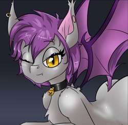 Size: 1055x1030 | Tagged: safe, artist:colliflour, imported from derpibooru, oc, oc only, oc:colli, bat pony, pony, bat pony oc, bat wings, butt, cat eyes, collar, female, females only, feral, looking at you, mare, one eye closed, piercing, plot, slit eyes, slit pupils, solo, wings, wink, winking at you