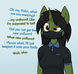 Size: 1676x1595 | Tagged: safe, artist:moonatik, imported from derpibooru, oc, oc:grim fate, anthro, unicorn, abstract background, clothes, dialogue, face mask, female, horn, mare, mask, solo, suggestive description, unicorn oc, uniform