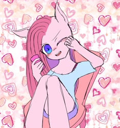 Size: 1928x2048 | Tagged: safe, artist:yukiyume_b, imported from derpibooru, pinkie pie, anthro, cellphone, clothes, cute, female, hand, one eye closed, phone, pinkamena diane pie, sitting, smartphone, solo, wink