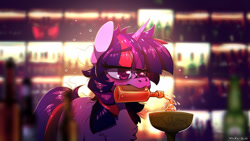 Size: 1192x670 | Tagged: safe, artist:wacky-skiff, imported from derpibooru, twilight sparkle, pony, unicorn, friendship is magic, 2020, blurry background, eyebrows, eyebrows visible through hair, implied drinking, messy mane, mouth hold, scene interpretation