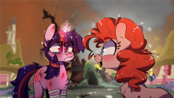 Size: 1192x670 | Tagged: safe, artist:wacky-skiff, imported from derpibooru, pinkie pie, twilight sparkle, feeling pinkie keen, 2020, bandage, bruised, imminent murder, injured, scratches, thick eyebrows, twilight is not amused, unamused