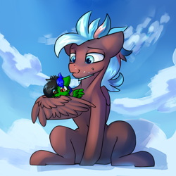 Size: 2200x2200 | Tagged: safe, artist:endelthepegasus, artist:jedayskayvoker, imported from derpibooru, oc, oc:endel frostlion, oc:thunder twist, pegasus, april fools 2021, cloud, collaboration, grooming, preening, size difference, sky, spread wings, wings