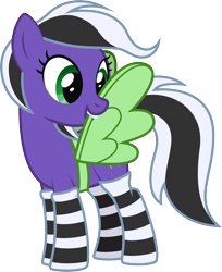 Size: 1778x2180 | Tagged: safe, artist:lightning stripe, derpibooru exclusive, imported from derpibooru, oc, oc only, oc:lightning stripe, earth pony, pony, april fools 2021, black and white mane, clothes, cross-eyed, cute, cutie mark, fake wings, female, green eyes, grooming, mare, preenhub, preening, purple, show accurate, silly, simple background, socks, solo, striped socks, teeth, transparent background