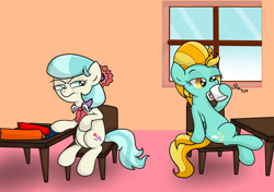 Size: 5740x4032 | Tagged: safe, artist:background basset, imported from derpibooru, coco pommel, lightning dust, earth pony, pegasus, pony, annoyed, chair, coffee, coffee mug, duo, fabric, female, mug, simple background, sipping, table, window