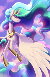 Size: 1000x1545 | Tagged: safe, artist:dawnfire, princess celestia, alicorn, pony, crown, ethereal mane, ethereal tail, female, flying, hoof shoes, horn, jewelry, long neck, looking at you, mare, peytral, regalia, smiling, solo, stars, wings