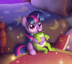Size: 1500x1332 | Tagged: safe, artist:dawnfire, twilight sparkle, frog, pony, unicorn, bed, book, cute, female, filly, filly twilight sparkle, hug, looking at you, open mouth, plushie, solo, sparkles, twiabetes, watermark, younger