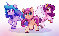 Size: 2984x1800 | Tagged: safe, artist:dawnfire, izzy moonbow, pipp petals, sunny starscout, earth pony, pegasus, pony, unicorn, g5, horn, izzy, looking at you, pipp, raised hoof, signature, simple background, smiling, trio, white background, wings