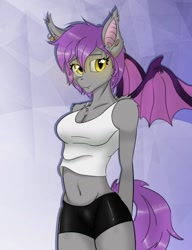 Size: 810x1052 | Tagged: artist needed, safe, imported from derpibooru, oc, oc only, oc:colli, anthro, bat pony, bat pony oc, bat wings, clothes, ear piercing, eyebrow piercing, female, glowing eyes, grey fur, happy, piercing, purple mane, purple tail, shorts, slit pupils, slitted eyes, smiling, solo, tanktop, tight shorts, wings, yellow eyes