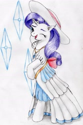 Size: 2688x4040 | Tagged: safe, artist:40kponyguy, derpibooru exclusive, imported from derpibooru, rarity, pony, unicorn, bipedal, clothes, cute, cutie mark background, dress, ear fluff, female, hat, jewelry, looking at you, mare, necklace, one eye closed, simple background, solo, traditional art