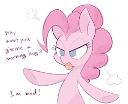 Size: 1681x1371 | Tagged: safe, artist:noupu, imported from derpibooru, imported from ponybooru, pinkie pie, earth pony, pony, angry, blue eyes, bronybait, cute, dialogue, female, hug request, madorable, mare, open mouth, pink coat, pink mane, pointing, simple background, solo, white background