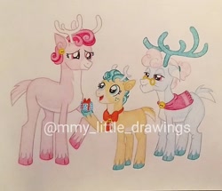 Size: 1080x929 | Tagged: safe, artist:mmy_little_drawings, imported from derpibooru, alice the reindeer, aurora the reindeer, bori the reindeer, deer, reindeer, antlers, female, freckles, glasses, hoof hold, presenting, raised hoof, traditional art, unshorn fetlocks, watermark