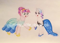 Size: 1080x775 | Tagged: safe, artist:mmy_little_drawings, imported from derpibooru, oc, oc only, pony, unicorn, :d, clothes, dress, duo, female, hoof shoes, horn, mare, obtrusive watermark, open mouth, traditional art, unicorn oc, watermark