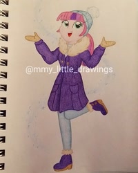 Size: 1011x1264 | Tagged: safe, artist:mmy_little_drawings, imported from derpibooru, oc, oc only, equestria girls, :d, beanie, clothes, coat, eyelashes, female, hat, obtrusive watermark, shoes, smiling, solo, traditional art, watermark