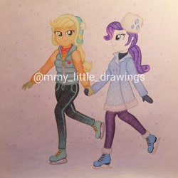 Size: 1022x1022 | Tagged: safe, artist:mmy_little_drawings, imported from derpibooru, applejack, rarity, equestria girls, equestria girls series, holidays unwrapped, spoiler:eqg series (season 2), clothes, coat, eyelashes, female, freckles, gloves, hat, holding hands, ice skating, lesbian, obtrusive watermark, pants, rarijack, shipping, smiling, traditional art, watermark