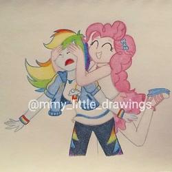 Size: 1065x1065 | Tagged: safe, artist:mmy_little_drawings, imported from derpibooru, pinkie pie, rainbow dash, equestria girls, equestria girls series, bow, clothes, d:, eyelashes, female, grin, hair bow, jacket, lesbian, obtrusive watermark, open mouth, pants, pinkiedash, shipping, shoes, smiling, traditional art, watermark