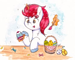 Size: 1600x1279 | Tagged: safe, artist:lightisanasshole, artist:ponyconholland, imported from derpibooru, oc, oc only, oc:stroopwafeltje, oc:waffles, pony, unicorn, easter, egg, holiday, magic, male, mascot, netherlands, ponycon holland, ponyconholland, solo, stallion, telekinesis, traditional art