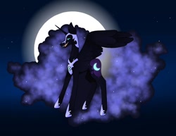 Size: 1080x835 | Tagged: safe, artist:tessa_key_, imported from derpibooru, nightmare moon, alicorn, pony, collaboration, ethereal mane, eyelashes, fangs, female, full moon, galaxy mane, helmet, hoof shoes, horn, mare, moon, open mouth, peytral, smiling, solo, stars, wings