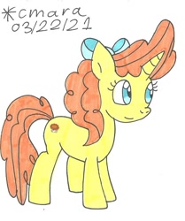 Size: 827x987 | Tagged: safe, artist:cmara, imported from derpibooru, pumpkin cake, pony, unicorn, bow, female, hair bow, mare, older, older pumpkin cake, simple background, solo, traditional art, white background