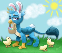 Size: 2048x1736 | Tagged: safe, artist:catscratchpaper, imported from derpibooru, gallus, bird, chicken, griffon, basket, bunny ears, bunny tail, cloud, cute, cutout, easter, easter egg, gallabetes, gallus is not amused, gallus the rooster, grass, holiday, solo, sun, unamused