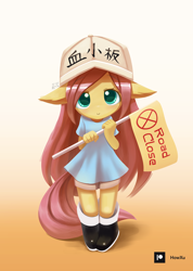 Size: 1000x1407 | Tagged: safe, artist:howxu, imported from derpibooru, fluttershy, anthro, anime, cells at work, chinese, clothes, cosplay, costume, cute, daaaaaaaaaaaw, engrish, female, floppy ears, gradient background, hnnng, howxu is trying to murder us, looking at you, platelets, shyabetes, solo, weapons-grade cute