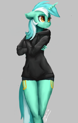 Size: 1706x2700 | Tagged: safe, artist:raphaeldavid, imported from derpibooru, lyra heartstrings, anthro, unicorn, both cutie marks, clothes, crossed arms, dig the swell hoodie, female, gray background, high res, hoodie, simple background, solo, thighs