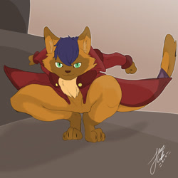 Size: 1280x1280 | Tagged: safe, artist:connerarts, imported from derpibooru, capper dapperpaws, abyssinian, anthro, digitigrade anthro, my little pony: the movie, chest fluff, clothes, coat, looking at you, male, solo, squatting, tail