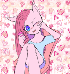 Size: 2673x2839 | Tagged: safe, artist:yukiyume_b, imported from derpibooru, pinkie pie, anthro, abstract background, blushing, cellphone, clothes, cute, diapinkes, female, hand, heart, high res, one eye closed, open mouth, phone, pinkamena diane pie, sitting, smartphone, solo, wink