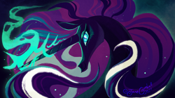 Size: 5120x2880 | Tagged: safe, artist:janegumball, imported from derpibooru, nightmare rarity, pony, unicorn, bust, female, glowing horn, horn, mare, profile, signature, solo