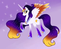 Size: 1244x1000 | Tagged: safe, artist:black-rose-studios, imported from derpibooru, oc, oc only, oc:queen aurora, alicorn, pony, alicorn oc, female, horn, looking back, mare, sky, solo, wings