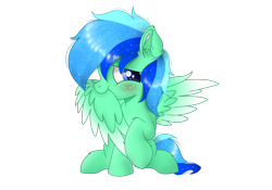 Size: 1750x1222 | Tagged: source needed, useless source url, safe, artist:jadebreeze115, imported from derpibooru, oc, oc only, oc:jade breeze, pegasus, blue eyes, blushing, colored wings, cute, daaaaaaaaaaaw, ear fluff, ethereal mane, gradient wings, grooming, looking at you, male, pegasus oc, preening, shy, simple background, sitting, spread wings, transparent background, wings