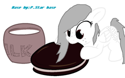 Size: 919x577 | Tagged: safe, artist:purplediamondcat, imported from derpibooru, oc, oc only, oc:cookies n' cream, pegasus, pony, base used, cookie, eating, food, looking down, milk, milk and cookies, solo