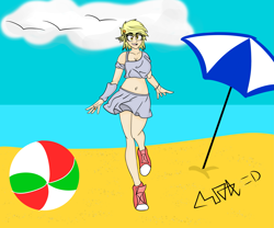 Size: 4133x3444 | Tagged: safe, artist:max rider, imported from derpibooru, derpy hooves, equestria girls, anime style, beach, beach clothes, digital art, female, females only, happy, human coloration, manga style, red shoes, smiling, solo