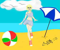 Size: 4133x3444 | Tagged: safe, artist:max rider, imported from derpibooru, derpy hooves, equestria girls, anime style, beach, beach clothes, digital art, female, females only, happy, human coloration, manga style, red shoes, smiling, solo, without lineart